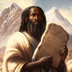 a painting of jesus holding a book in front of mountains and snowcapped hills