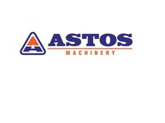 the logo for asto's machinery, with an orange and blue triangle on it