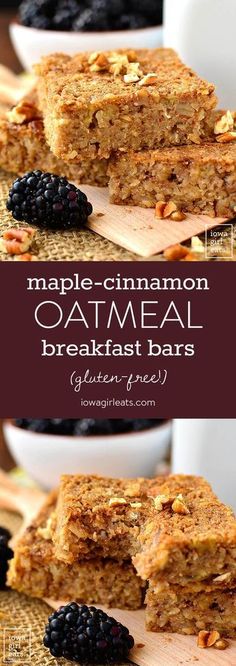 maple - cinnamon oatmeal breakfast bars with blackberries on top and in the background