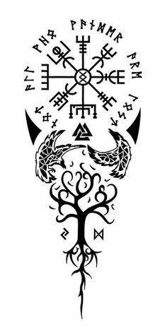 a black and white drawing of a tree with two snakes on it, surrounded by other symbols