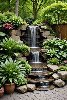 a small waterfall in the middle of a garden