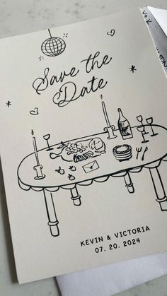 a wedding save the date card with an image of a table and wine glasses on it