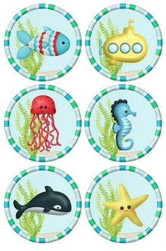 four plates with different sea animals on them