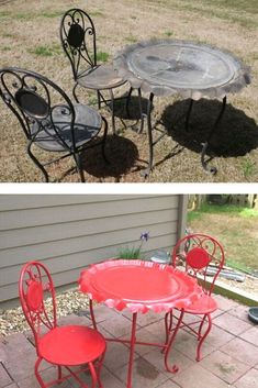 the before and after pictures show how to paint an outdoor table