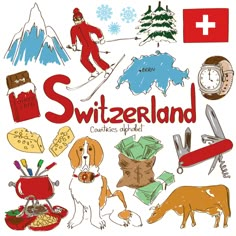 an image of switzerland with many things to see and do in the picture, including skis