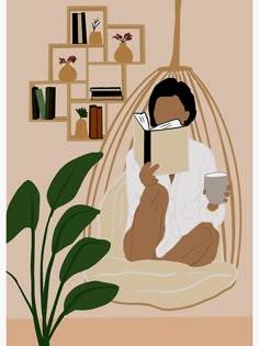 a woman reading a book while sitting in a hammock next to a potted plant