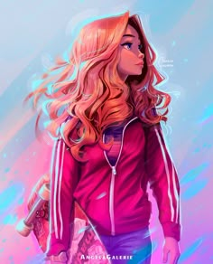 a drawing of a girl with long hair and pink jacket on holding a skateboard