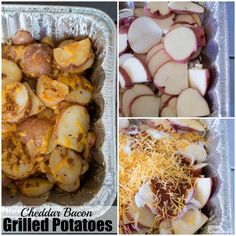 four pictures show different types of grilled potatoes in tin foil, with cheese and grated parmesan sprinkles