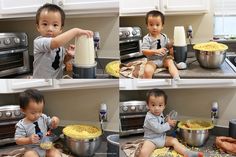 four pictures of a baby sitting on the kitchen floor with food in front of him