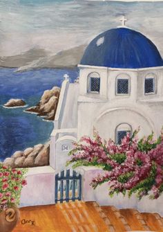 a painting of a white building with blue roof and flowers in front of the ocean