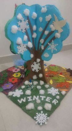 a paper tree with snowflakes on it and the words winter written in white