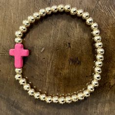 Pink Cross With Gold Fashion Beads. This Bracelet Is A Showcase On Its Own But Also Stacks Well. Stretches On New With Tags And Packaging Adjustable Pink Pearl Bracelet With Spacer Beads, Pink Stretch Bracelet With Spacer Beads As Gift, Pink Stretch Bracelet With Spacer Beads, Pink Pearl Bracelet With Letter Beads, Pink Pearl Bracelet With Tiny Round Beads, Pink Pearl Bracelet With Hand-strung Round Beads, Adjustable Pink Rosary Bracelet With 8mm Beads, Pink Bracelet With Gold Beads As Gift, Adjustable Pink Rosary Bracelet With Colorful Beads