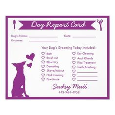 a purple dog grooming report card with hearts on it's front and back