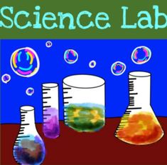 science lab poster with test tubes and flasks filled with colored liquid on a blue background