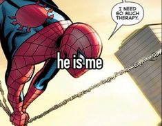 the spider - man is hanging upside down in front of a building and saying he is me