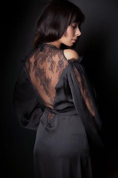 Gorgeous handmade silk dressing gown  This Composition Features : -Black silk  -Black lace  -Two slid on the sides -Wrap design  Hand wash recommended Handmade with Love Silk Evening Gown With Sheer Sleeves, Silk Party Gown With Sheer Sleeves, Party Silk Gown With Sheer Sleeves, Party Gown With Sheer Silk Sleeves, Silk Evening Dress With Lace Sleeves, Luxury Satin Dress With Lace Trim, Elegant Sheer Robe For Party, Black Lace Trim Dress For Wedding Night, Black Lace Dress For Wedding Night