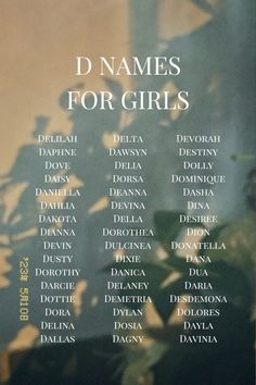 a poster with names for girls on it in front of a plant and window sill