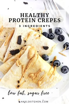 healthy protein crepes on a plate with blueberries