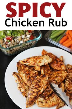 chicken rub on a white plate with carrots and celery in the background