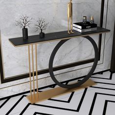 a white marble table with black and gold accents in a modern living room or dining area