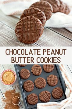 chocolate peanut butter cookies on a baking sheet and in a pan