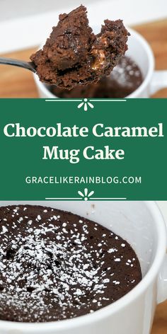 chocolate caramel mug cake in a white bowl