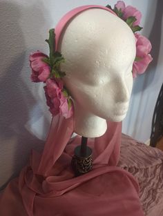 floral headband with veils Veil With Flower Crown, Headband Aesthetic, Pink Head Band, Costume Fleur, Halloween Dress Up Ideas, Rose Cosplay, Lisa Frankenstein, Taurus Sun, Senior Thesis