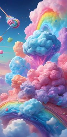 the sky is filled with colorful clouds and rainbows, as if they were floating in the air