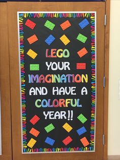 a blackboard with the words lego your imagination and have a colorful year written on it