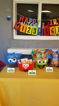 the table is set up with candy and other items for children's birthdays