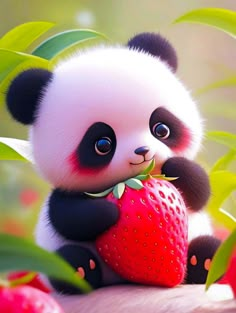 a panda bear holding a strawberry in its paws