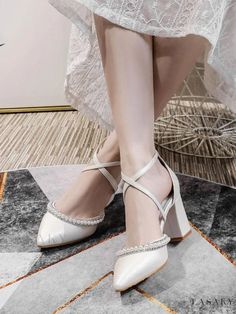 Lasaky - Pearl-Embellished Chunky Heel Bridal Shoes for Women Pearls Chains, Elegant Chunky Heels, Spring Heels, Pointed Shoes, White High Heels, Chunky Heel Shoes, Bridal Sandals, Bridal Heels