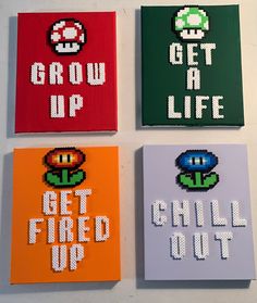 four pixel art pieces with the words grow up, get fired up and grow up