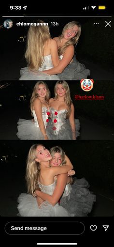 two girls in dresses hugging each other on the same page, one girl is wearing a dress