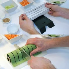 a person cutting carrots on top of a white counter with the words romanar's above it