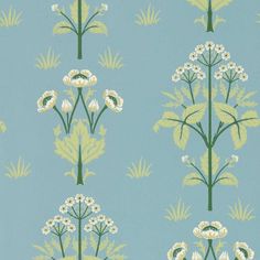 a blue and green wallpaper with flowers on it