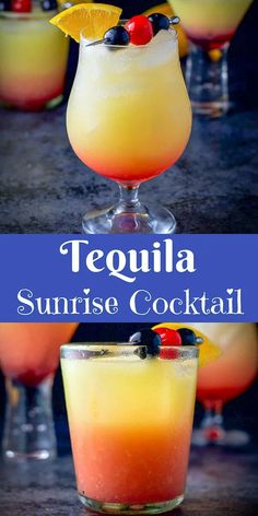 tequila sunrise cocktail with orange juice, pineapple and cherries garnishes