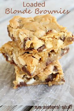 two chocolate chip blonde brownies stacked on top of each other with text overlay