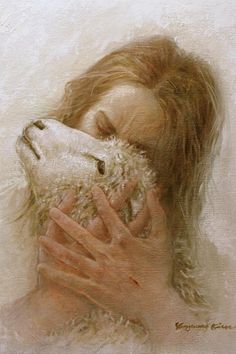 a painting of a woman holding a dog's face up to her face with it's eyes closed