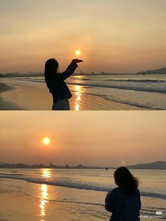 two pictures of a woman standing on the beach at sunset with her arms in the air