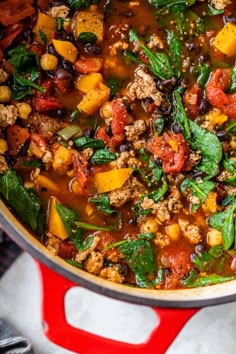 a red pot filled with meat and vegetables