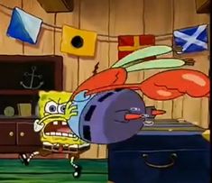 spongebob flying through the air in front of a dresser