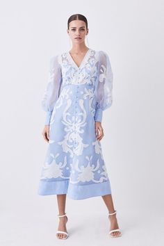 Petite Applique Organdie Buttoned Woven Maxi Dress | Karen Millen Latest Maxi Dresses, Maxi Dress Designs, Maxi Dress Collection, Tall Dresses, Floral Applique, Blue Midi Dress, Maxi Dress Blue, Karen Millen, Race Day