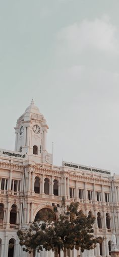 a large white building with a clock on it's face and trees in the foreground