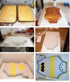 four different pictures show how to make a cake in the shape of a bat and batman