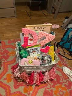 a basket filled with personal care items on top of a rug