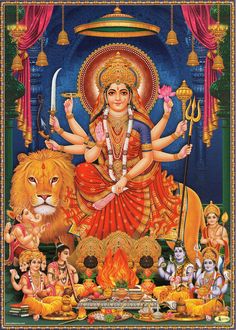 the hindu goddess sitting on top of a lion surrounded by other animals