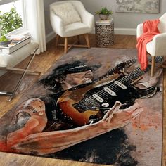 a rug with an image of a guitar player on it