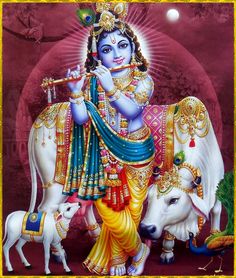 the god is sitting on top of a cow and holding a flute in his hand