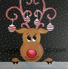 a painting of a reindeer with candy canes hanging from his antlers on it's head